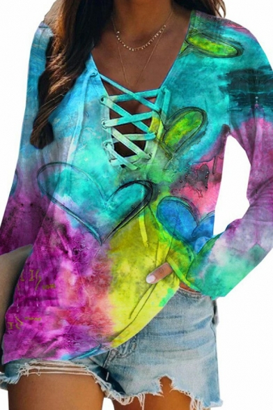 Novelty Girls Sweatshirt Tie Dye Printed Long Sleeve Regular V Neck Lace-up Sweatshirt