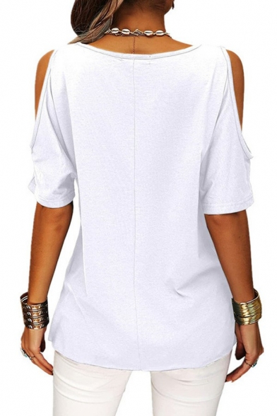 Popular Cold Shoulder Top Plain Round Collar Criss Cross Short Sleeve Regular Fit Tee Shirt for Women