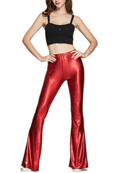 Sexy Shiny Pants Pure Color High Rise Elastic Waist Regular Fit Long Flared Pants for Women