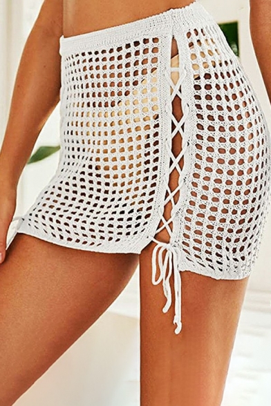 Sexy Womens Beach Skirt Plain Hollow Out Lace-Up Knitted Bodycon Mini Skirt
