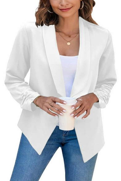 Simple Ladies Blazers Plain Lapel Collar Open-Front Long Sleeve Short Blazers
