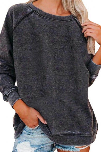 Simple Ladies Sweatshirt Plain Round Neck Long Sleeve Sweatshirt
