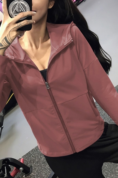 Simple Womens Jacket Plain Zip Fly Front Pockets Long Sleeve Dry Fit Hooded Gym Jacket