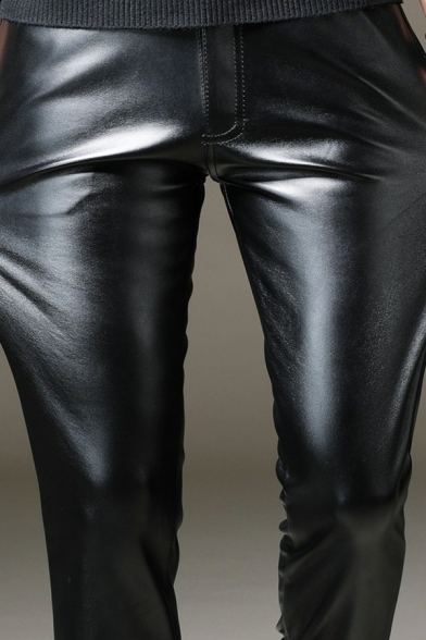 Smart Guys Leather Pants Plain Full Length Slimming Fleece Inner Pocket Leather Pants