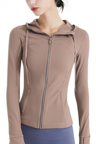 Sporty Womens Gym Jacket Solid Color Drawstring Zipper Fly Skinny Jacket
