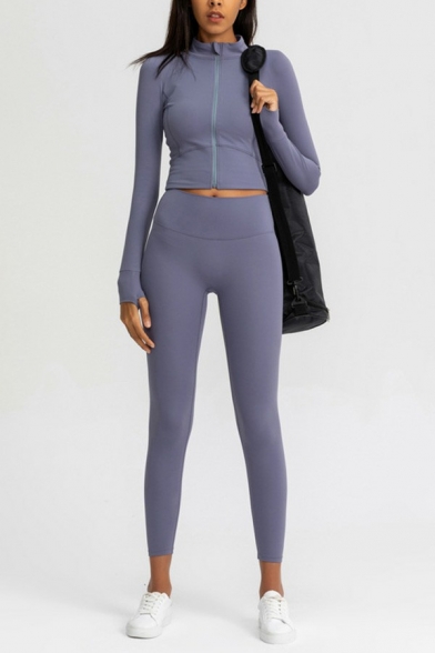 Sporty Womens Jacket Plain Zipper Fly Stand Collar Long Sleeve Cuff Hole Skinny Workout Jacket
