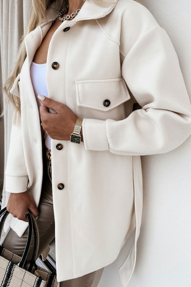 Stylish Womens Jacket Plain Single Breasted Belted Flap Pockets Notched Lapel Long Sleeve Wool Coat