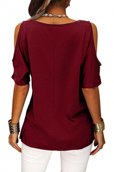 Trendy Ladies T-Shirt Plain Round Neck Criss Cross Hollow Short Sleeve T-Shirt