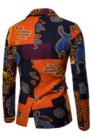 Trendy Mens Blazer Tribal Printed Slimming Long-Sleeved Lapel Collar Button up Suit Blazer