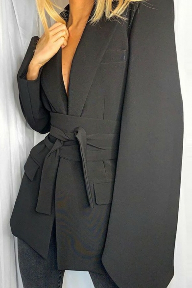 Trendy Womens Blazers Plain Notched Lapel Lace Up Long Sleeve Short Blazers