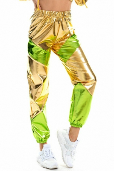 Unique Womens Pants Color Block Sparkly Shiny Elastic Waist Mid Rise Cuffed Loose Joggers