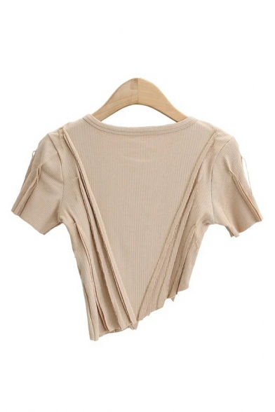 Unique Womens Tee Top Solid Color Round Color Asymmetric Hem Cropped Slim Fit Crop T-Shirt