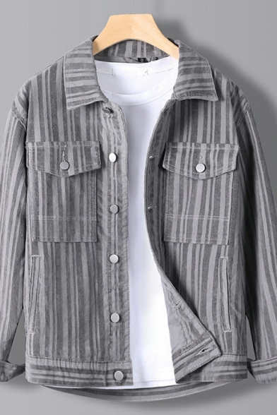 Urban Jacket Stripe Print Button Closure Long Sleeve Spread Collar Regular Fit Denim Jacket for Men
