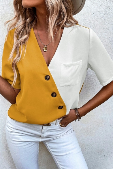 Vintage Chiffon Shirt Color Block V Neck Oblique Button Up Short Sleeve Shirt for Women