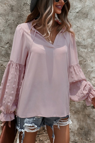 Vintage Womens Blouses Shirt Pure Color Tied V Neck Knit Dot Long Sleeve Shirt with Ruffles
