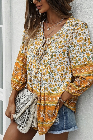 Bohemian Womens Blouses Shirt V Neck Lace-Up Front Flower Pattern Long Puff Sleeve Shirt