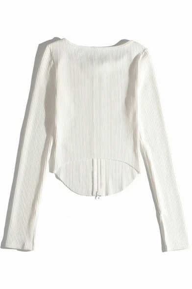 Casual Ladies Sweater Plain Round Crew Zip Fly Asymmetric Hem Long Sleeve Cardigan