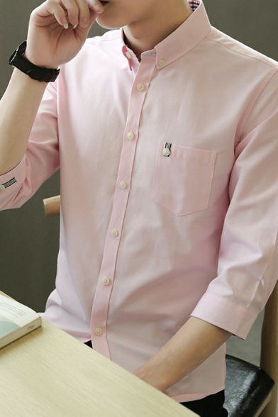 Casual Mens Shirt Pure Color Chest Pocket Long Sleeve Button-Down Collar Regular Fit Button Shirt