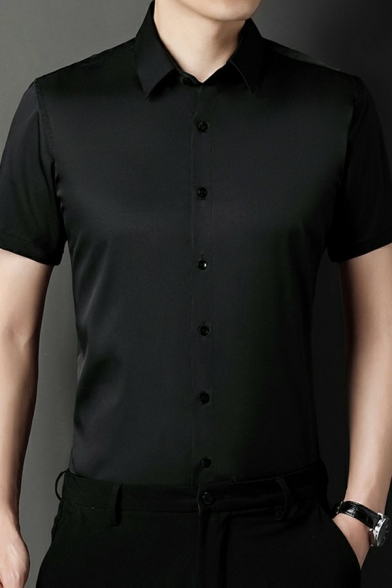Casual Mens Shirt Solid Turn-Down Collar Short Sleeve Single Breasted Shirt