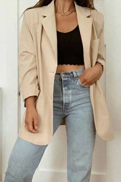 Casual Womens Blazers Plain Notched Lapel Single Breasted Long Sleeve Short Blazers
