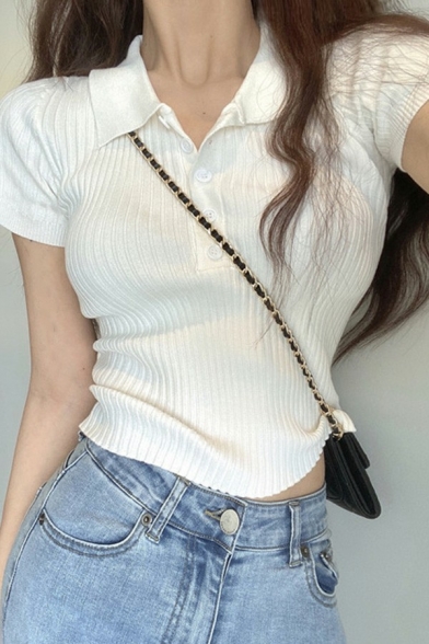 Chic Ladies Polo Shirt Spread Collar Solid Color Slim Fit Short-Sleeved Knit Polo Shirt