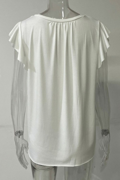 Chic Ladies T-Shirt Plain V-Neck Cap Sleeve Ruffle Pleated T-Shirt