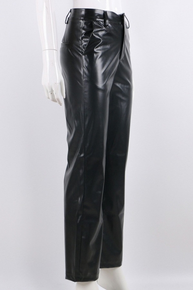 Chic Womens Leather Pants Pure Color Zip Down High Waist Long Straight Pants