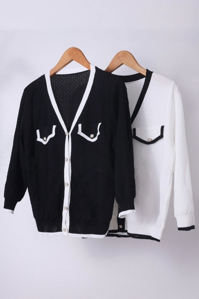 Classic Womens Knit Cardigan V Neck Button Up Contrast Trim Long Sleeve Relaxed Fit Cardigan with Flap Pockets