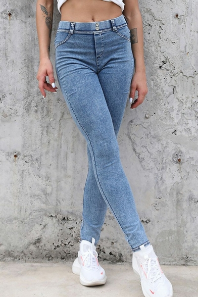Classic Womens Super Skinny Jeans Plain Mid Waist Zipper Fly Ankle Length Slim Fit Jeans