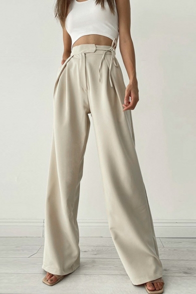 Designer Wide Leg Pants Solid Color Zipper Down Tied High Waist Loose Fit Pants for Women
