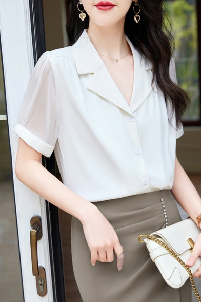 Elegant Ladies Shirt Plain Notched Lapel Short Sleeve Single Breasted Shirt