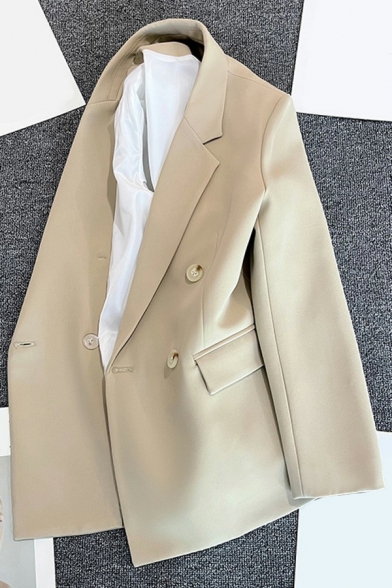 Fancy Womens Plain Blazer Notched Lapel Collar Double Breasted Loose Fit Blazer with Flap Pockets