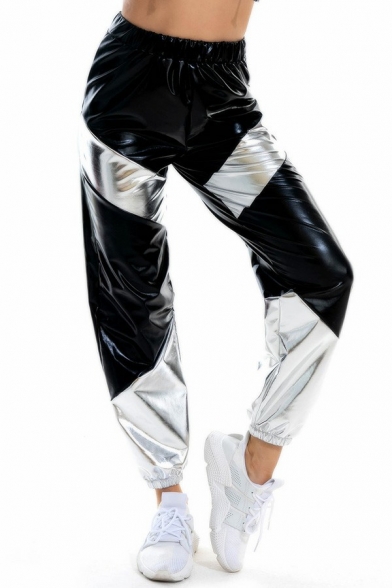 Fancy Womens Shiny Pants Color Block Elastic Waist Mid Rise Elastic Cuffs Ankle Length Loose Fit Pants