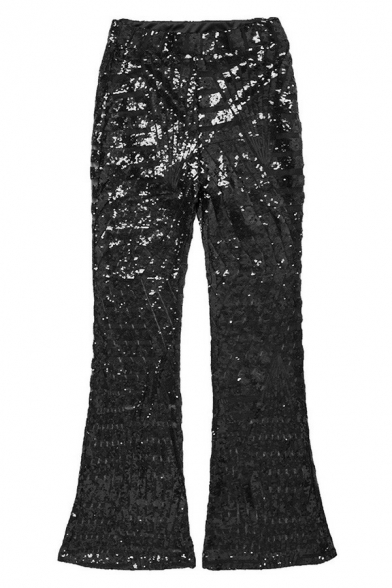 Fashionable Ladies Flared Pants Striped Print High Waist Long Sequined Pants