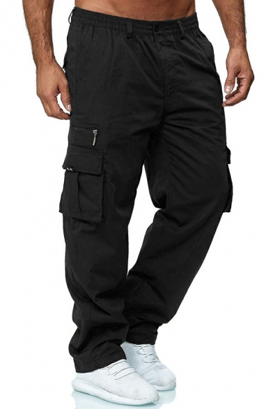 Guy's Boyish Pants Solid Color Button Closure Mid Rise Full Length Regular Pocket Pants