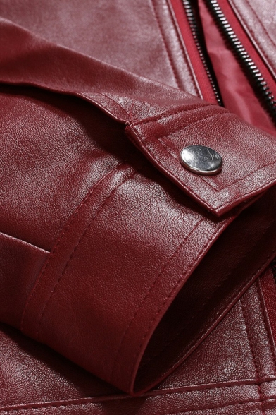 Guys Basic Jacket Solid Stitching Front Pocket Zip Closure Stand Collar Leather Jacket