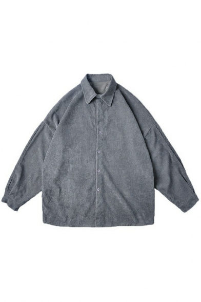 Guys Leisure Shirt Plain Corduroy Turn-Down Collar Drop Shoulder Long Sleeve Single Breasted Shirt