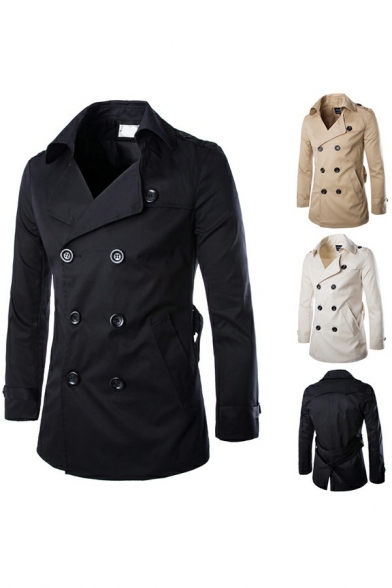 Guys Modern Coat Pure Color Lapel Collar Long Sleeves Regular Double Breasted Trench Coat