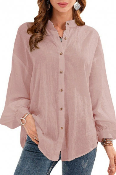 Leisure Solid Color Shirt Button Up Cotton and Linen Puff Sleeve Loose Fit Shirt for Women