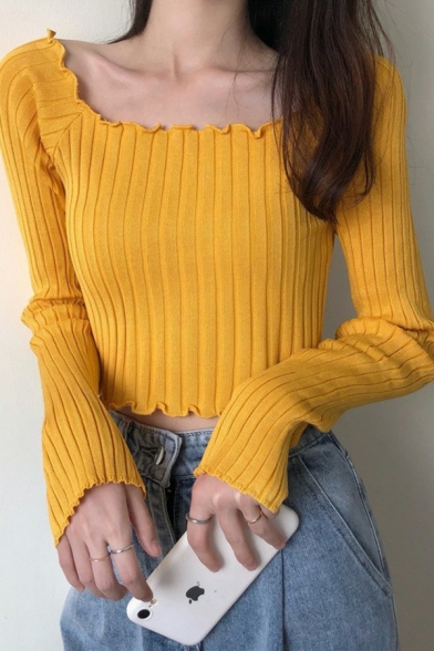 Leisure Womens Crop Knit Top Boat Neck Solid Color Slim Fit Long-Sleeved Knit Top with Ruffles