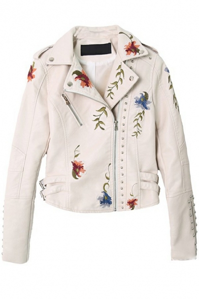 Leisure Womens PU Jacket Notched Lapel Collar Flower Print Side Zipper Slim Fit PU Jacket