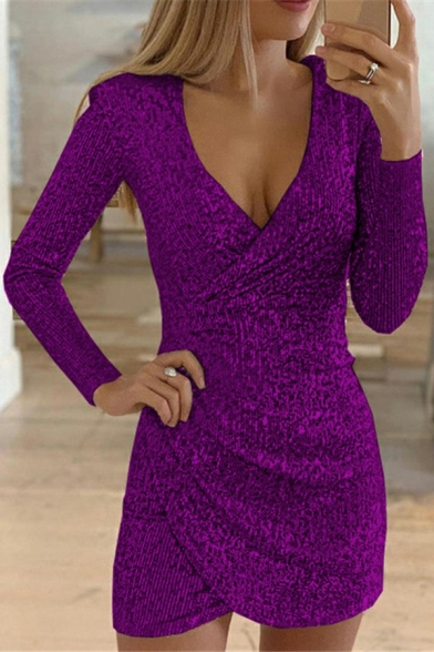 Luxury Womens Bodycon Dress Pure Color Deep V-Neck Long Sleeve Sequined Slim Fit Mini Dress