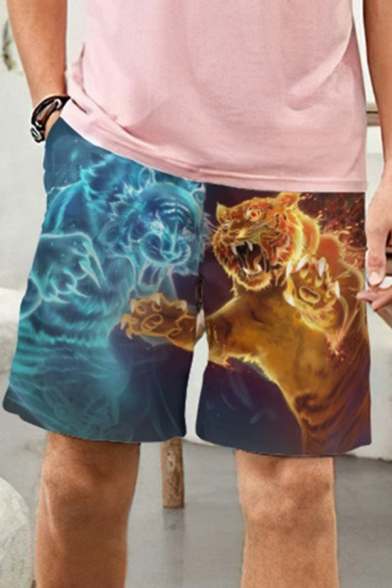 Men Chic Shorts Tiger Print Drawstring Waist Pocket Detail Mid Rise Regular Fit Shorts