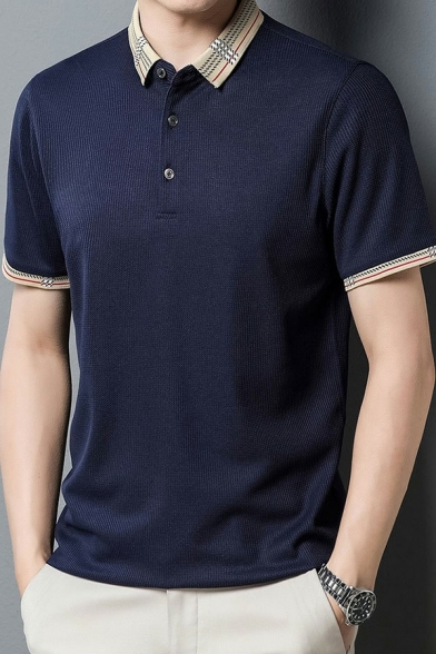 Men Comfy Polo Shirt Contrast Trim Short Sleeves Button Regular Fitted Polo Shirt