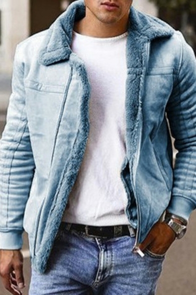 Men Cool Leather Fur Jacket Solid Pocket Zip Placket Spread Collar Leather Fur Jacket