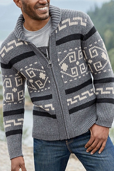 Mens Popular Knit Cardigan Long Sleeve Spread Collar Zip Closure Tribal Print Fitted Knit Cardigan