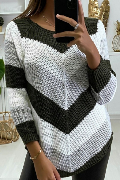 Popular Womens Pullover Sweater Round Collar Contrast Color Patchwork Long Sleeve Loose Fit Knit Top