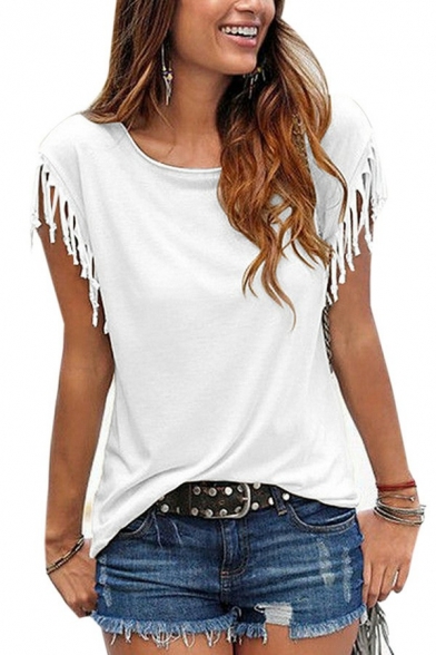 Retro Womens T-Shirt Plain Round Neck Cap Sleeve Tassel T-Shirt