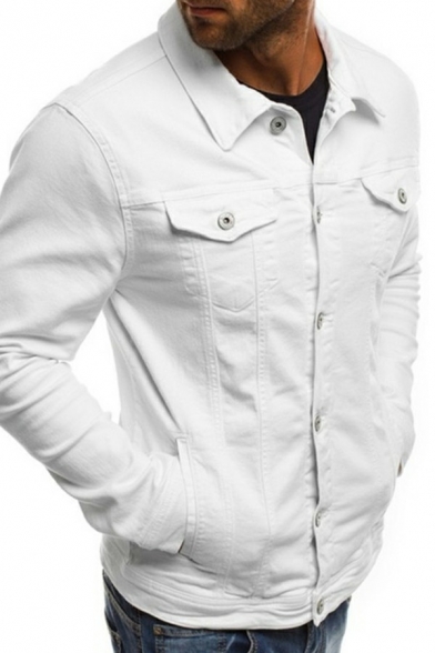 Simple Jacket Plain Button Closure Long Sleeve Spread Collar Regular Fit Denim Jacket for Men