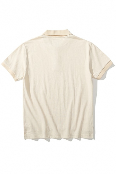 Simple Mens Polo Shirt Plain Turn-down Collar Short Sleeve Button Detail Polo Shirt in Apricot